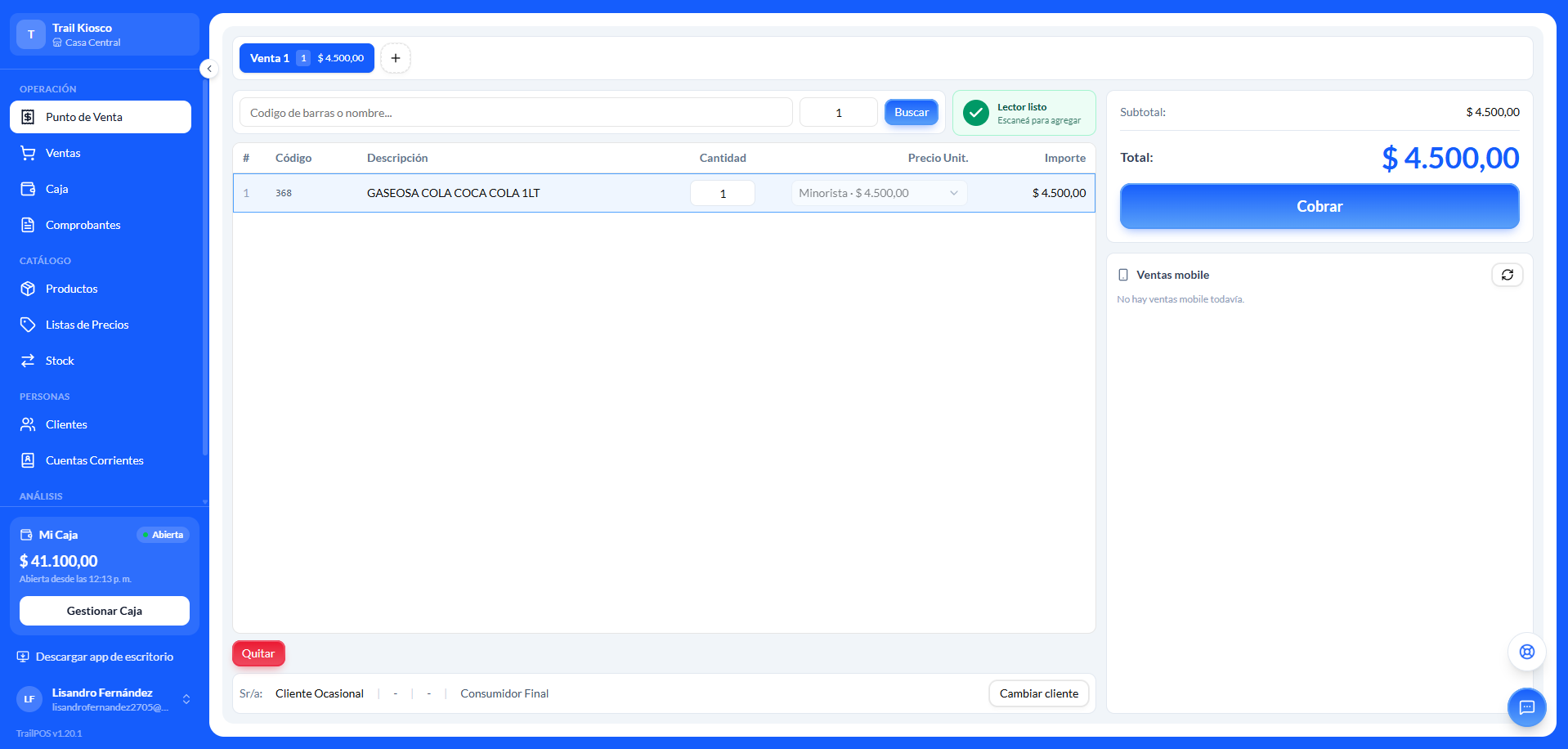 Interfaz real de TrailPOS: productos, detalle de una venta, caja y botón para cobrar